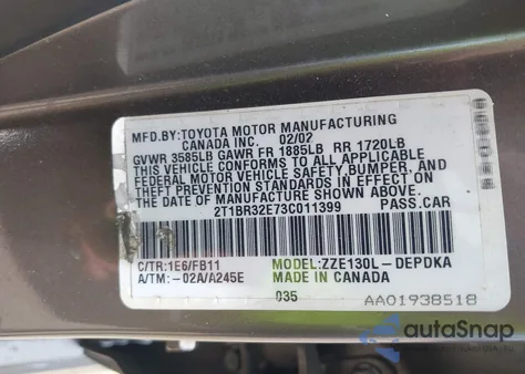 2003 Toyota Corolla Ce from USA, damaged, VIN 2T1BR32E73C011399